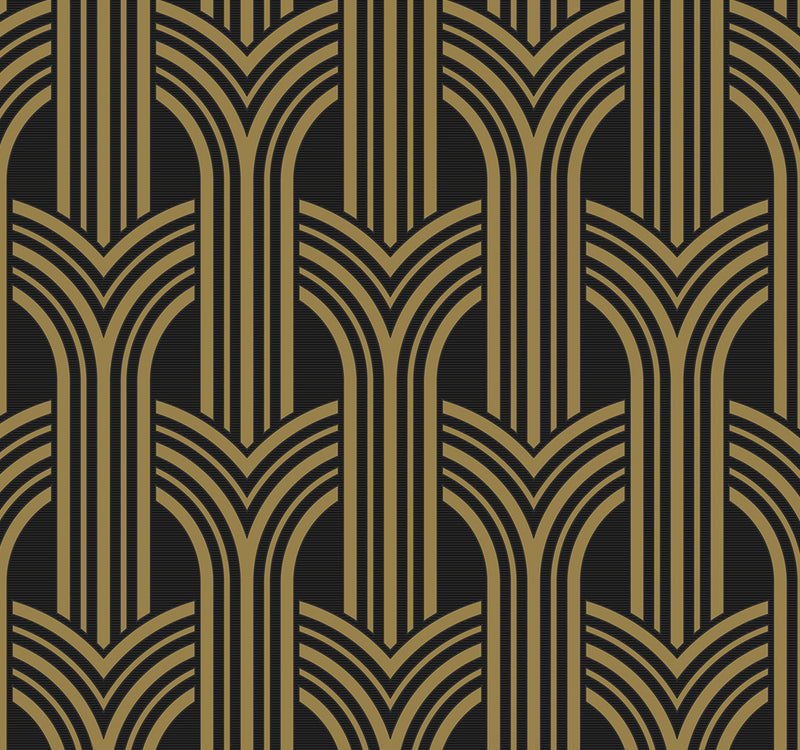 media image for Deco Geometric Arches Peel & Stick Wallpaper in Ebony & Metallic Gold 264