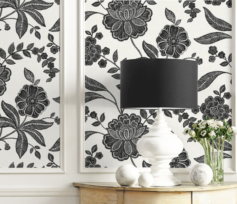 media image for Julian Jacobean Floral Peel & Stick Wallpaper in Ebony & Ivory 21
