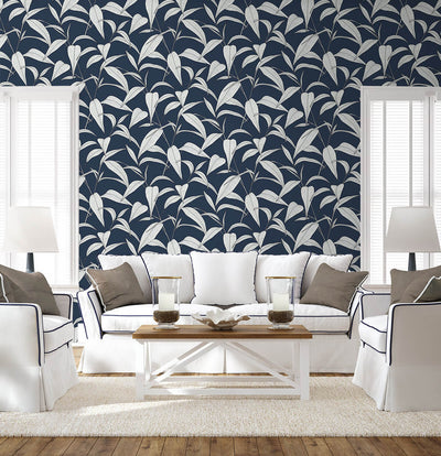 product image for Pinstripe Leaf Trail Peel & Stick Wallpaper in Dark Blue 83