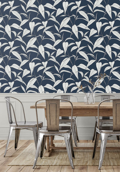 product image for Pinstripe Leaf Trail Peel & Stick Wallpaper in Dark Blue 60