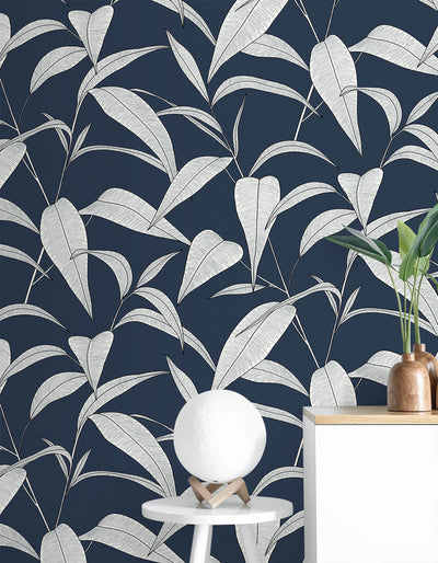 product image for Pinstripe Leaf Trail Peel & Stick Wallpaper in Dark Blue 0