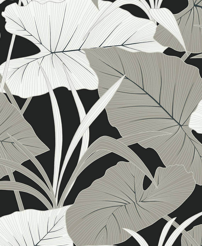 media image for Sample Elephant Leaves Peel & Stick Wallpaper in Ebony & Metallic Silver 287