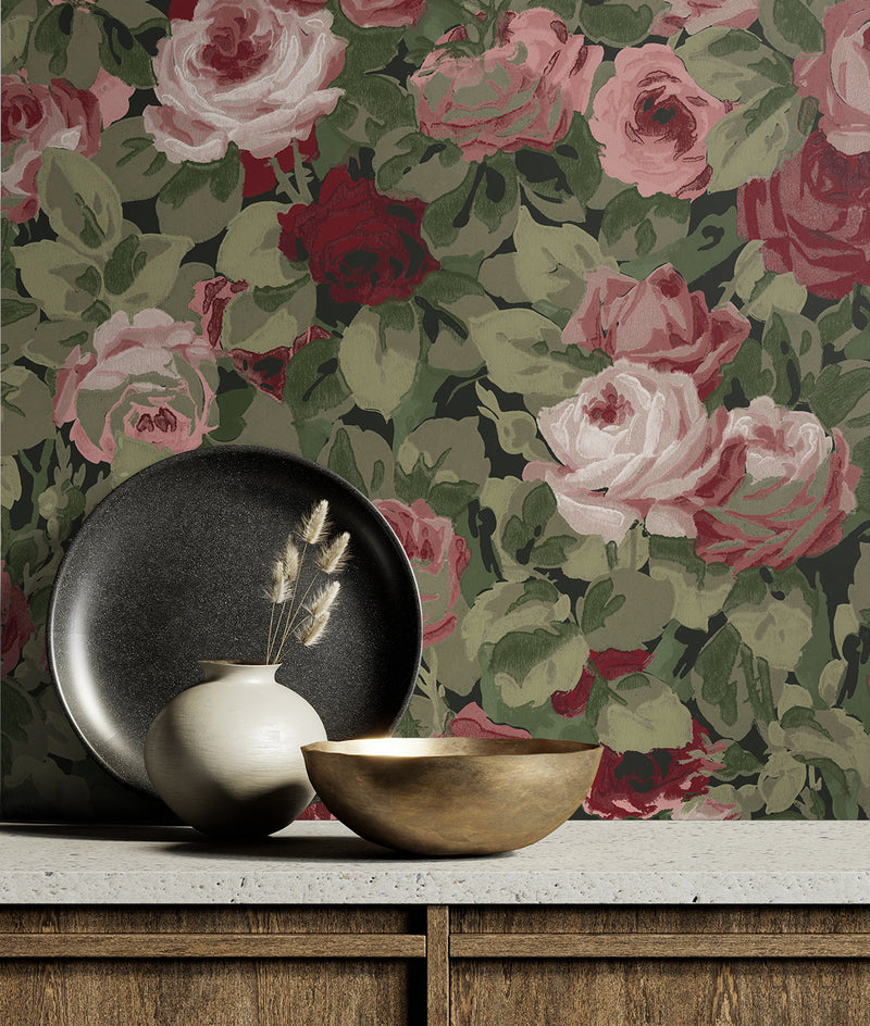 media image for Rose Garden Peel & Stick Wallpaper in Garnet & Basil 219