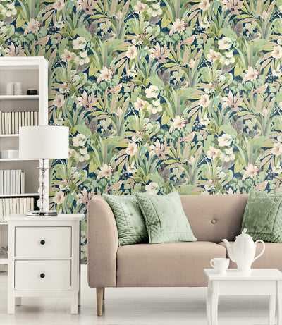product image for Blossoming Birds Peel & Stick Wallpaper in Fern & Denim Blue 72
