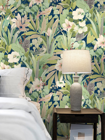 product image for Blossoming Birds Peel & Stick Wallpaper in Fern & Denim Blue 46