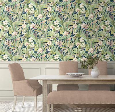 product image for Blossoming Birds Peel & Stick Wallpaper in Fern & Denim Blue 96