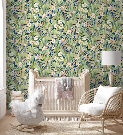 product image for Blossoming Birds Peel & Stick Wallpaper in Fern & Denim Blue 19
