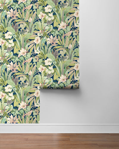 product image for Blossoming Birds Peel & Stick Wallpaper in Fern & Denim Blue 9