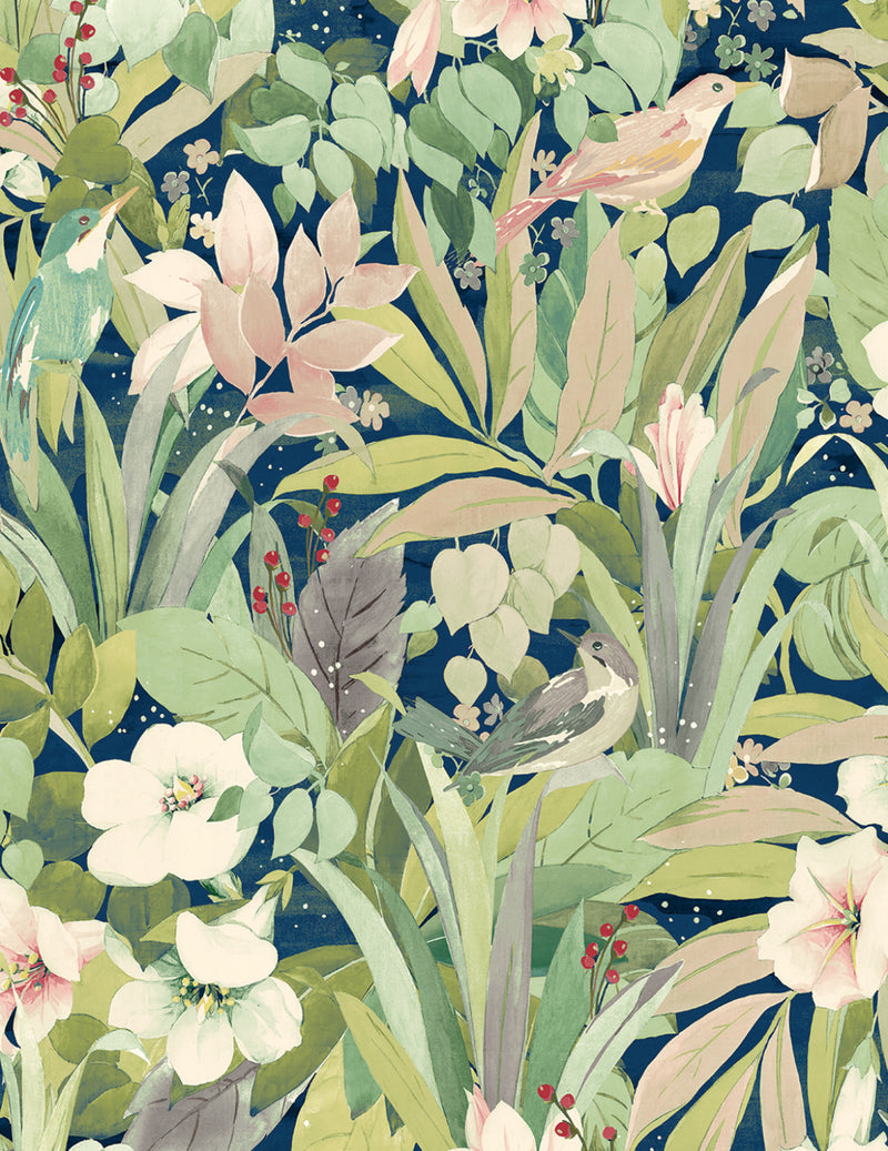 media image for Blossoming Birds Peel & Stick Wallpaper in Fern & Denim Blue 282