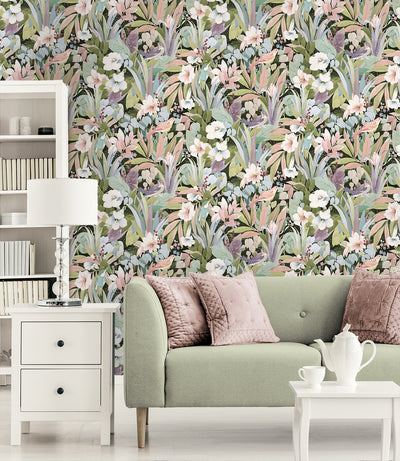 product image for Blossoming Birds Peel & Stick Wallpaper in Forest & Petal Pink 5