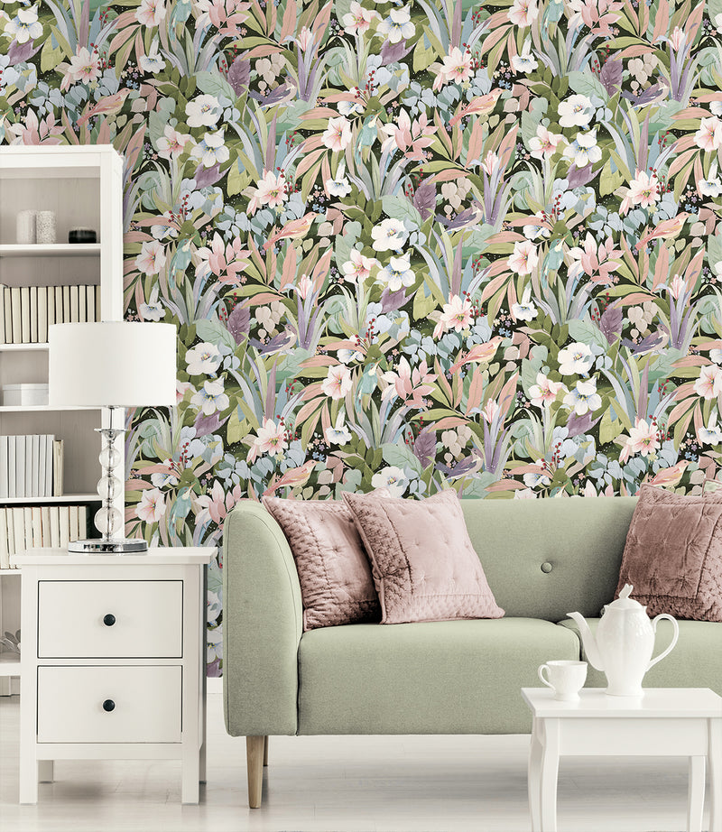 media image for Blossoming Birds Peel & Stick Wallpaper in Forest & Petal Pink 279