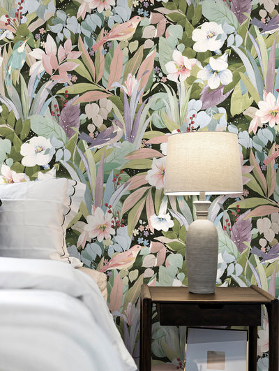 product image for Blossoming Birds Peel & Stick Wallpaper in Forest & Petal Pink 59