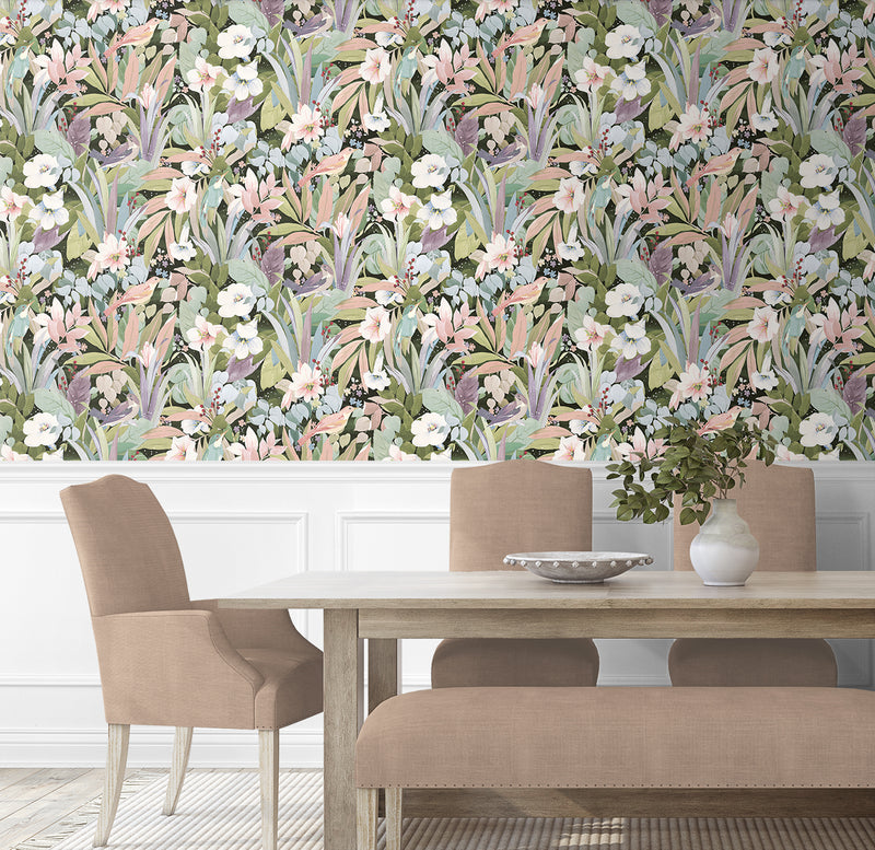 media image for Blossoming Birds Peel & Stick Wallpaper in Forest & Petal Pink 218