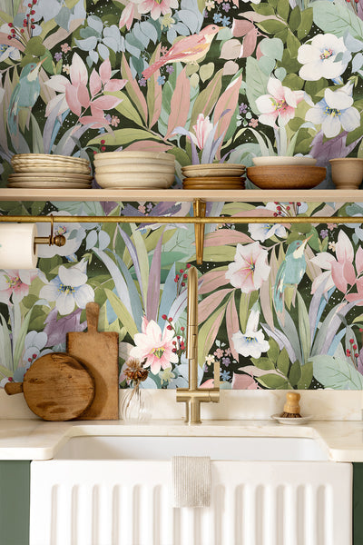 product image for Blossoming Birds Peel & Stick Wallpaper in Forest & Petal Pink 85