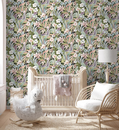 product image for Blossoming Birds Peel & Stick Wallpaper in Forest & Petal Pink 44