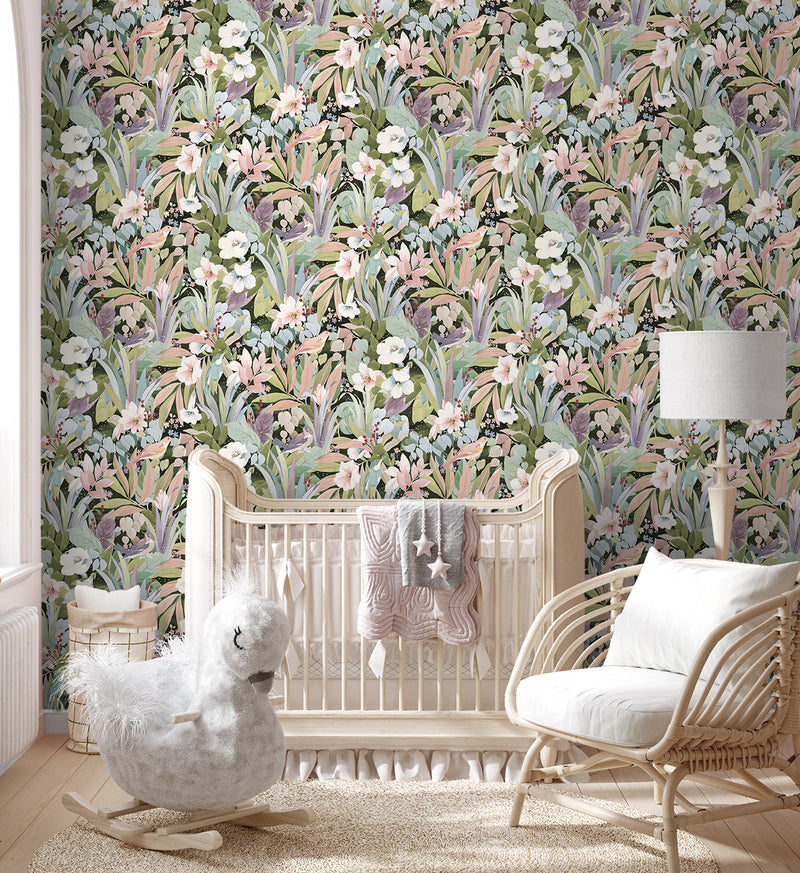 media image for Blossoming Birds Peel & Stick Wallpaper in Forest & Petal Pink 293