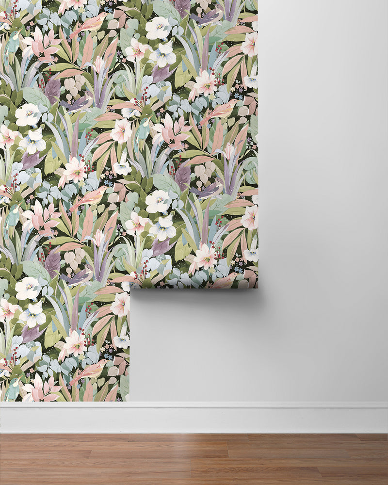 media image for Blossoming Birds Peel & Stick Wallpaper in Forest & Petal Pink 268