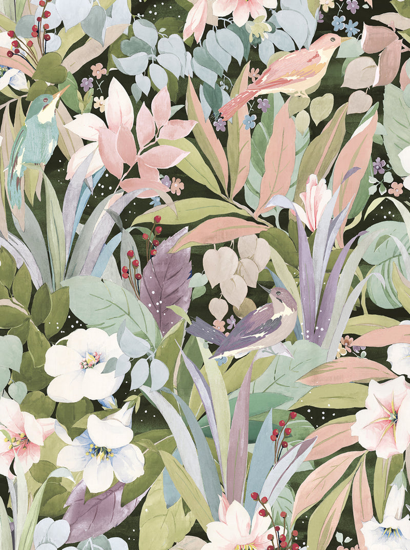 media image for Sample Blossoming Birds Peel & Stick Wallpaper in Forest & Petal Pink 217