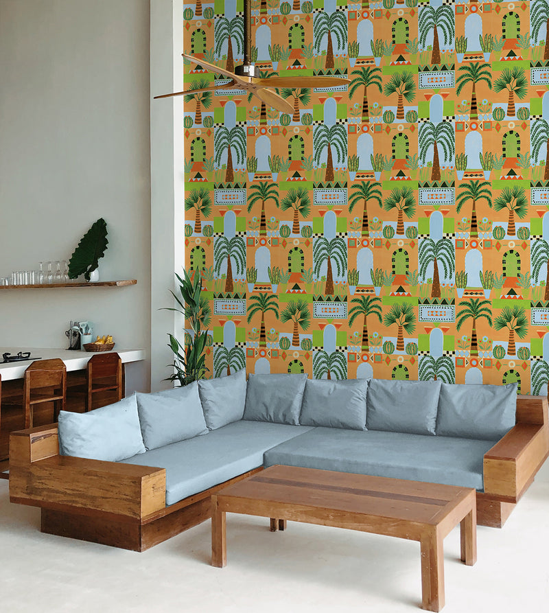media image for Tropical Facade Peel & Stick Wallpaper in Orange 293