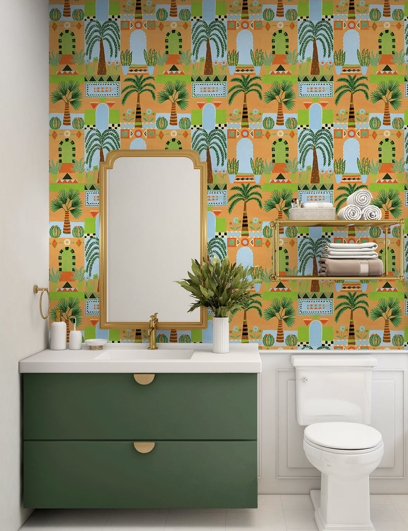 media image for Tropical Facade Peel & Stick Wallpaper in Orange 269