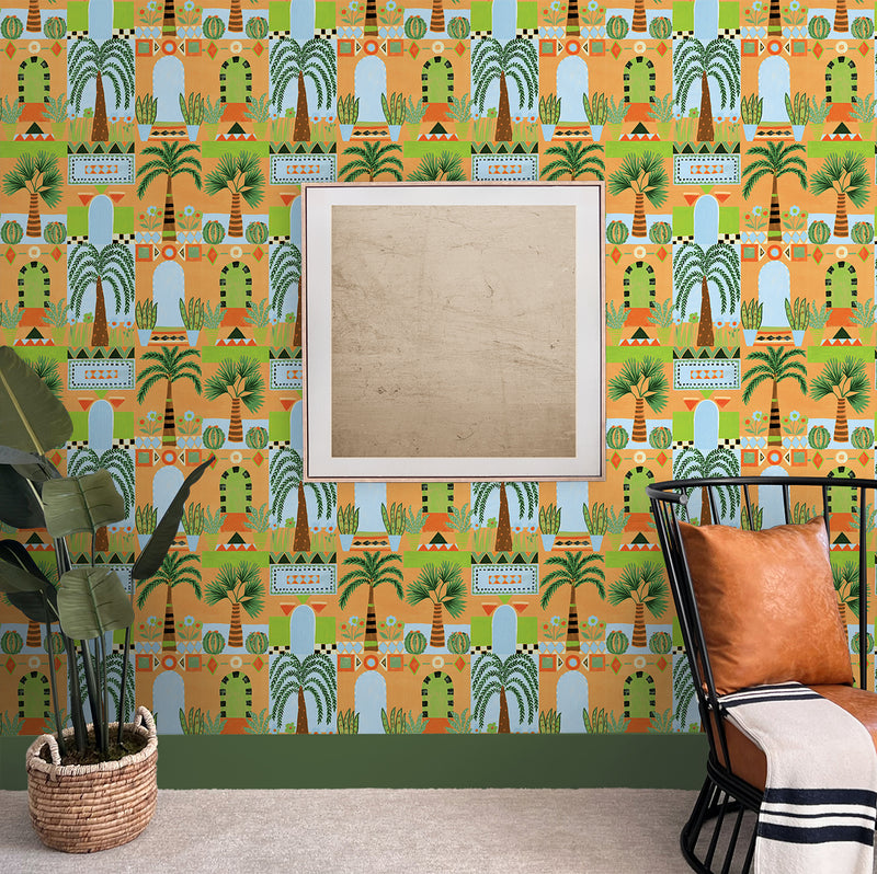 media image for Tropical Facade Peel & Stick Wallpaper in Orange 296