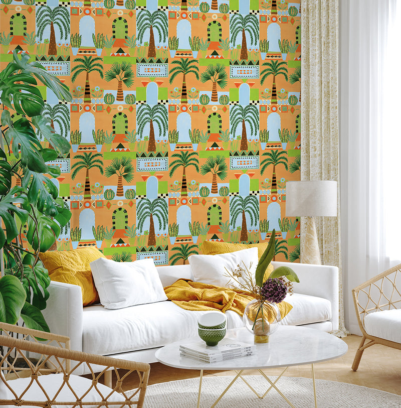 media image for Tropical Facade Peel & Stick Wallpaper in Orange 294
