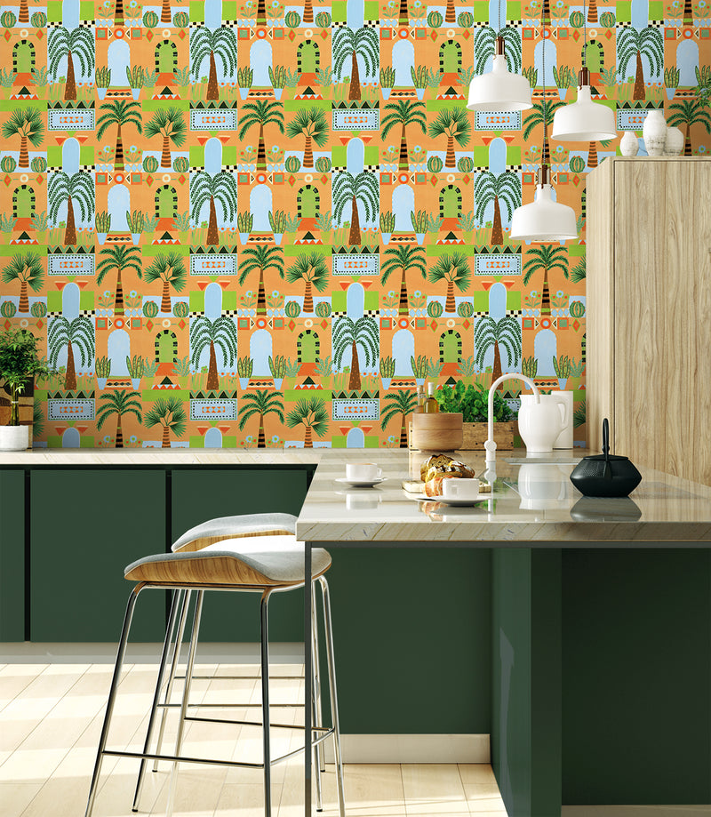media image for Tropical Facade Peel & Stick Wallpaper in Orange 272