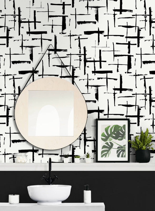media image for Crosshatch Abstract Peel & Stick Wallpaper in Ebony & Eggshell 269