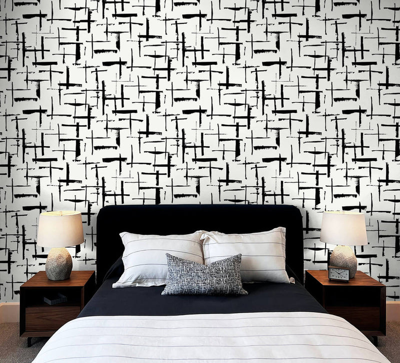 media image for Crosshatch Abstract Peel & Stick Wallpaper in Ebony & Eggshell 215