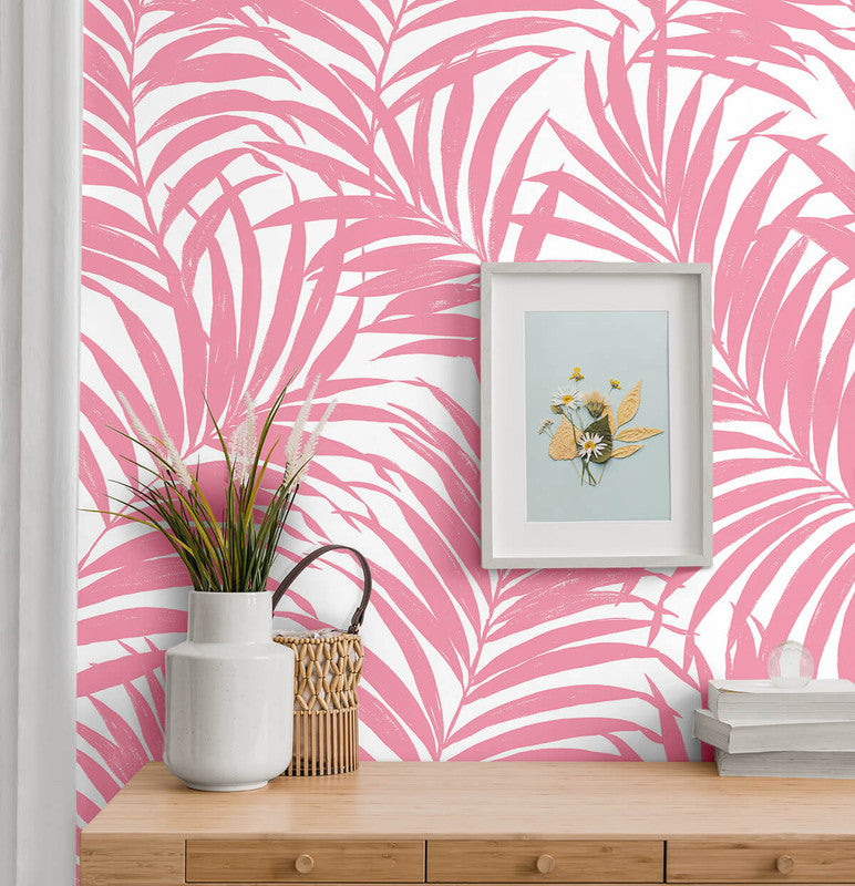 media image for Beach Palm Peel & Stick Wallpaper in Pink 253