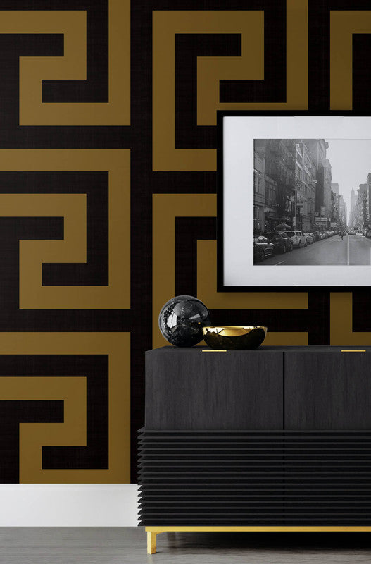 media image for Maze Geo Peel & Stick Wallpaper in Ebony & Gold 246
