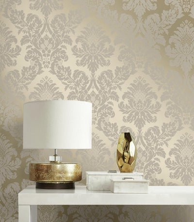 product image for Charnay Damask Peel & Stick Wallpaper in Metallic Champagne & Glitter 90