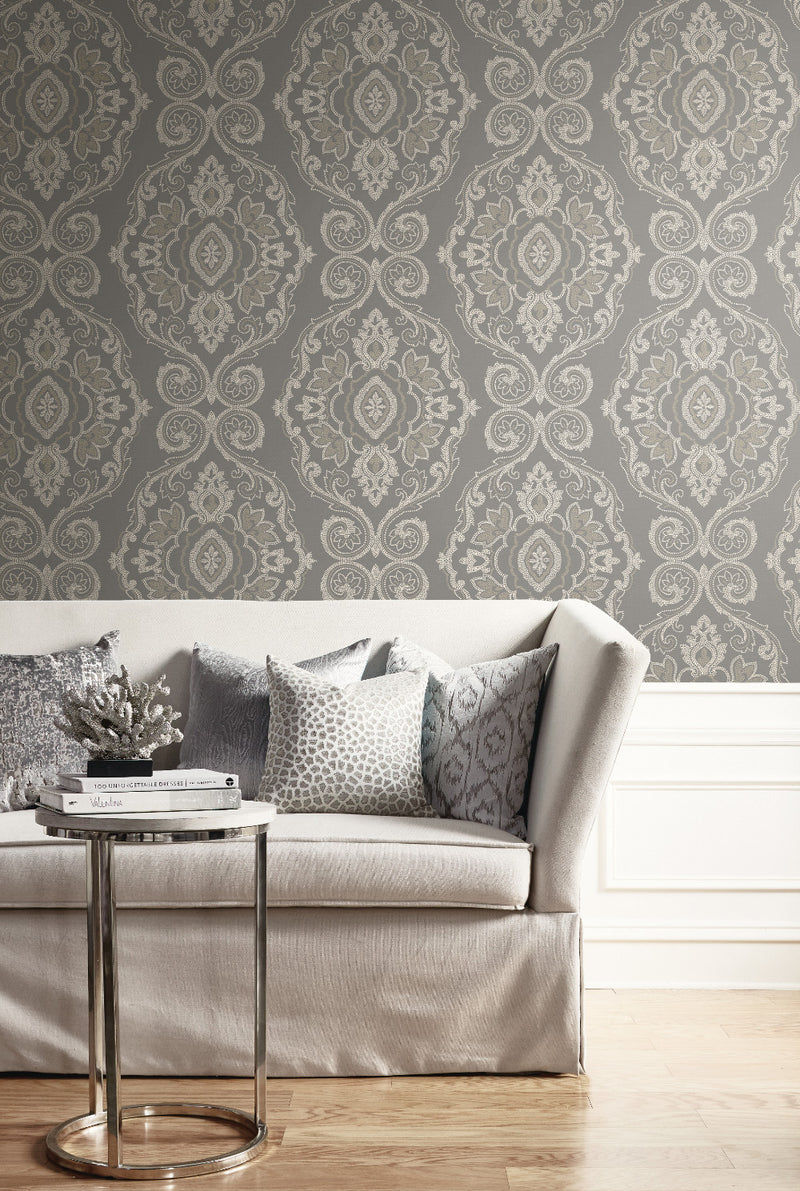 media image for Nautical Damask Wallpaper in Black Sands from the Beach House Collection by Seabrook Wallcoverings 249
