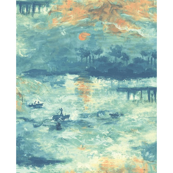 media image for Nautical Sunset Wallpaper in Blue, Green, and Orange from the French Impressionist Collection by Seabrook Wallcoverings 232