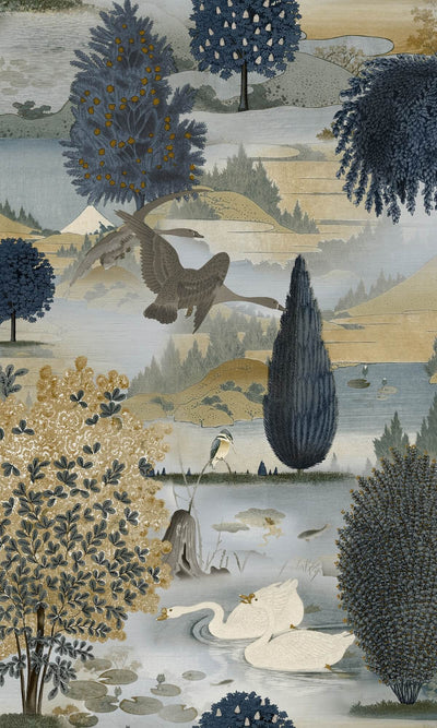 product image of Sample Blissful Lake Nature Wallpaper in Navy/Ochre 50