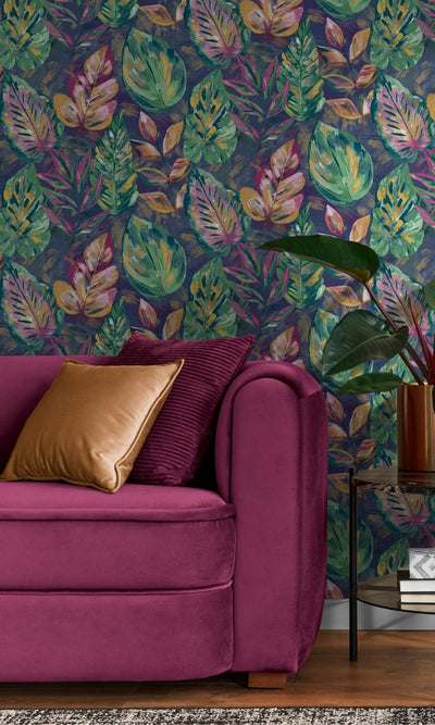 product image for Navy & Pink Aralia Leaves Metallic Textured Botanical Wallpaper by Walls Republic 93