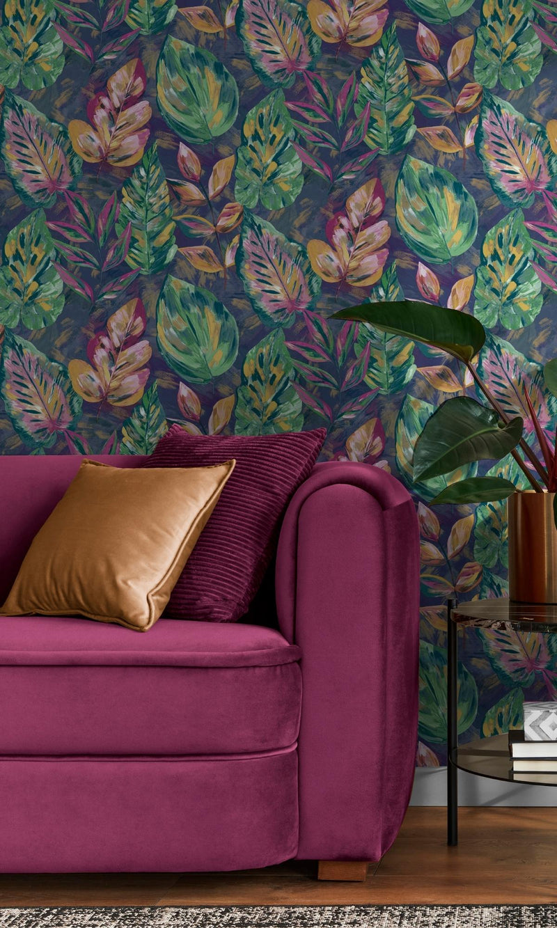 media image for Navy & Pink Aralia Leaves Metallic Textured Botanical Wallpaper by Walls Republic 224