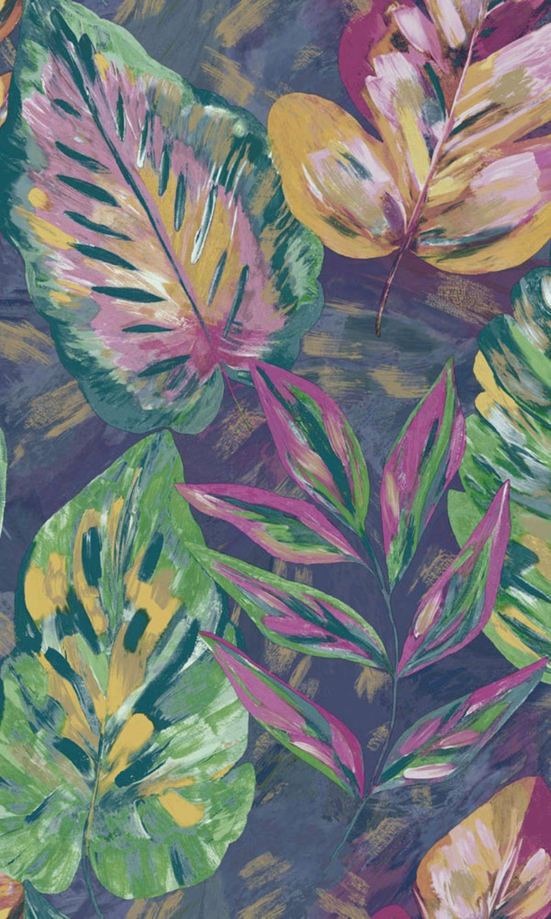 media image for Navy & Pink Aralia Leaves Metallic Textured Botanical Wallpaper by Walls Republic 229