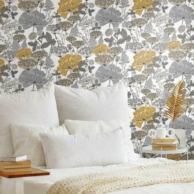 product image for Niittypolku Peel & Stick Wallpaper in Yellow and Grey by RoomMates for York Wallcoverings 4