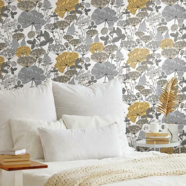 media image for Niittypolku Peel & Stick Wallpaper in Yellow and Grey by RoomMates for York Wallcoverings 245