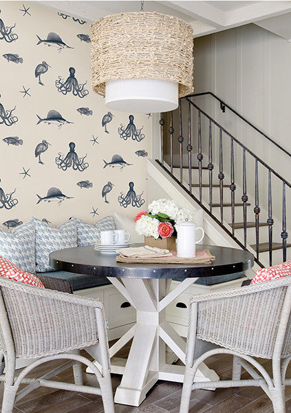 media image for Oceania Navy Sea Creature Wallpaper from the Seaside Living Collection by Brewster Home Fashions 230