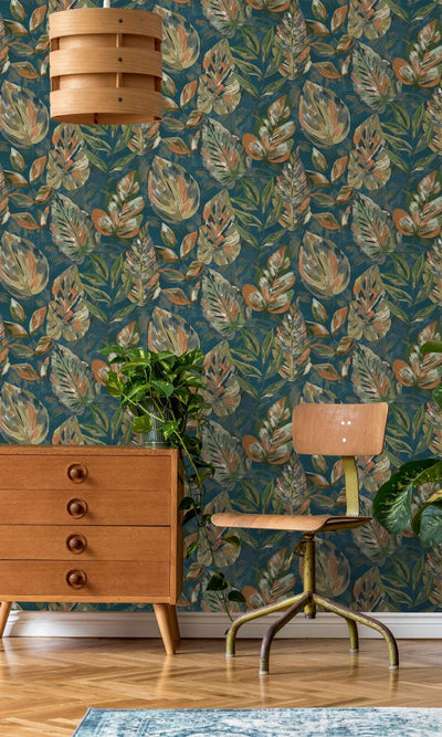 product image for Teal & Orange Aralia Leaves Metallic Textured Botanical Wallpaper by Walls Republic 0