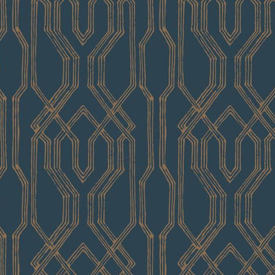 product image of sample oriental lattice wallpaper in blue and gold from the tea garden collection by ronald redding for york wallcoverings 1 516