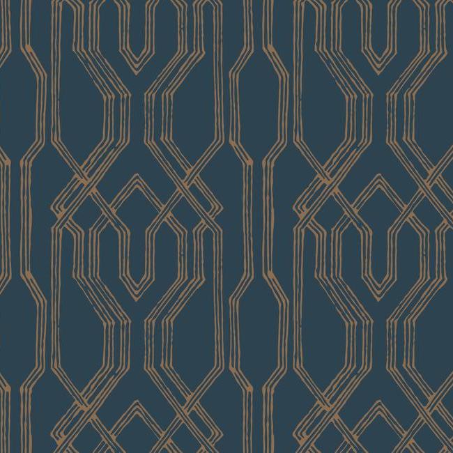media image for sample oriental lattice wallpaper in blue and gold from the tea garden collection by ronald redding for york wallcoverings 1 248