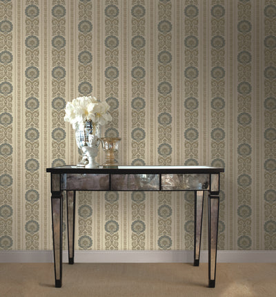 product image of Ornate Fanned Damask Stripe Wallpaper in Warm Silver from the Caspia Collection by Wallquest 591