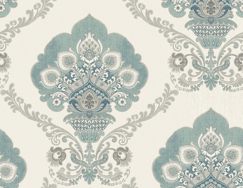 media image for Ornate Fanned Damask Wallpaper in Light Aqua from the Caspia Collection by Wallquest 241