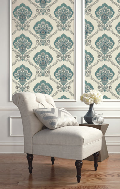 product image for Ornate Fanned Damask Wallpaper in Light Aqua from the Caspia Collection by Wallquest 21