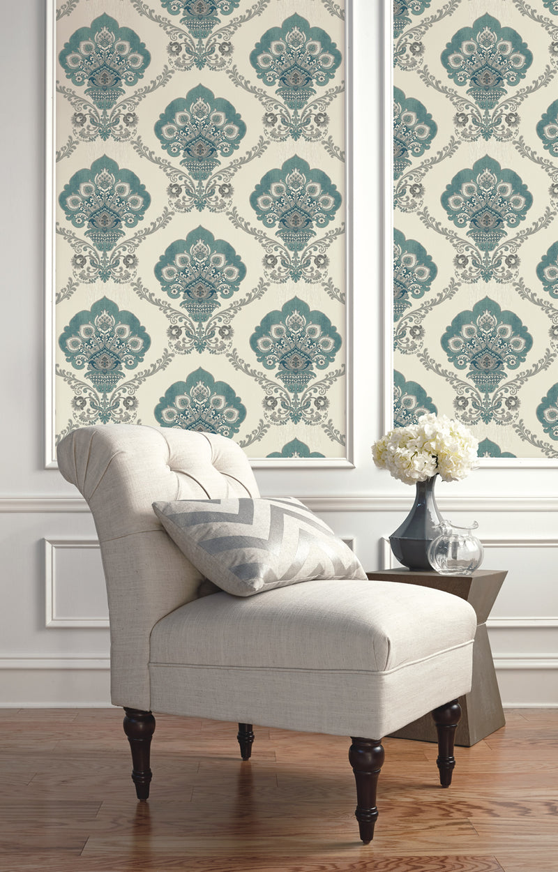 media image for Ornate Fanned Damask Wallpaper in Light Aqua from the Caspia Collection by Wallquest 21