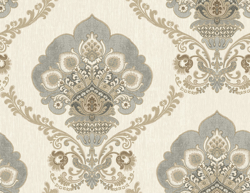 Shop Ornate Fanned Damask Wallpaper in Warm Silver from the Caspia ...