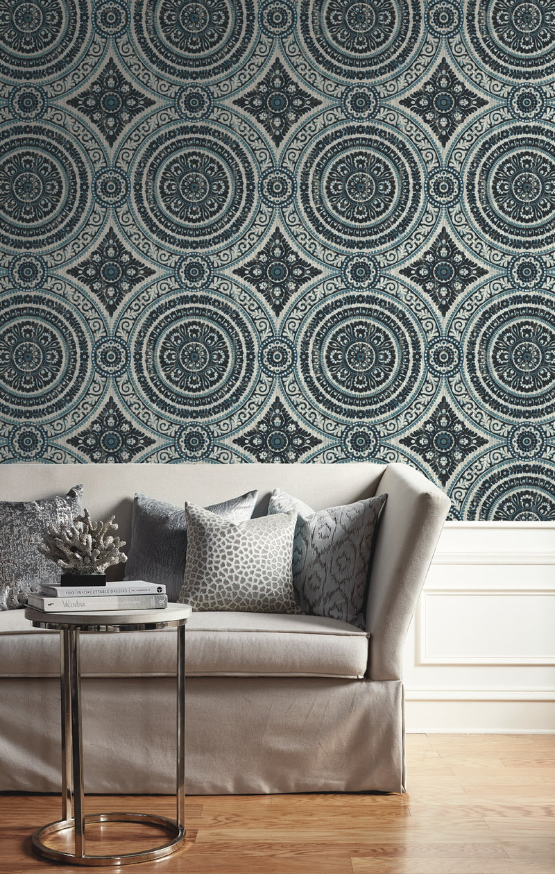 media image for Ornate Round Tile Wallpaper in Black and Blue from the Caspia Collection by Wallquest 272